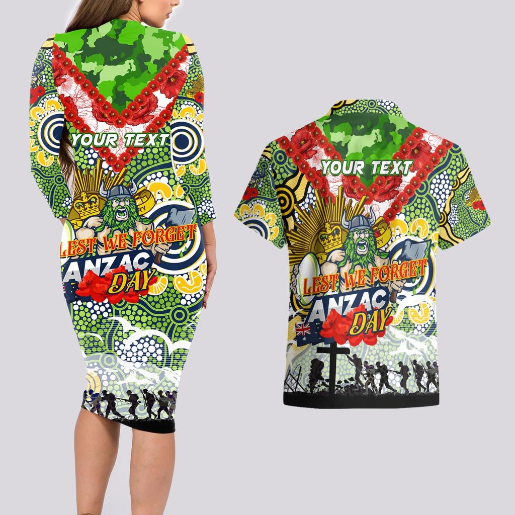 Personalised Raiders ANZAC Day Couples Matching Long Sleeve Bodycon Dress and Hawaiian Shirt Aboriginal Rising Sun