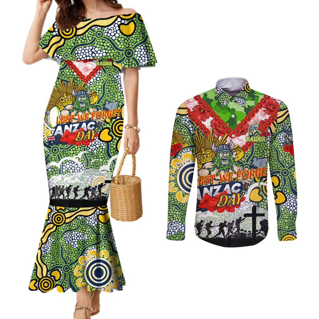 Personalised Raiders ANZAC Day Couples Matching Mermaid Dress and Long Sleeve Button Shirt Aboriginal Rising Sun