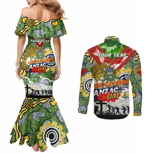 Personalised Raiders ANZAC Day Couples Matching Mermaid Dress and Long Sleeve Button Shirt Aboriginal Rising Sun