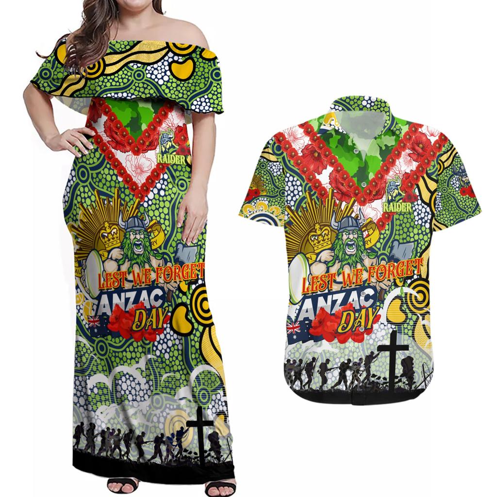 Personalised Raiders ANZAC Day Couples Matching Off Shoulder Maxi Dress and Hawaiian Shirt Aboriginal Rising Sun