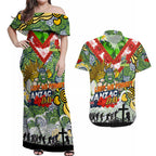 Personalised Raiders ANZAC Day Couples Matching Off Shoulder Maxi Dress and Hawaiian Shirt Aboriginal Rising Sun