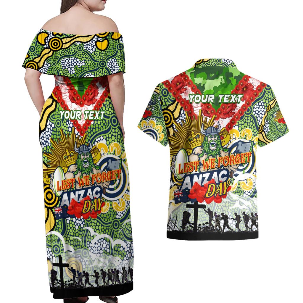 Personalised Raiders ANZAC Day Couples Matching Off Shoulder Maxi Dress and Hawaiian Shirt Aboriginal Rising Sun