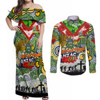Personalised Raiders ANZAC Day Couples Matching Off Shoulder Maxi Dress and Long Sleeve Button Shirt Aboriginal Rising Sun