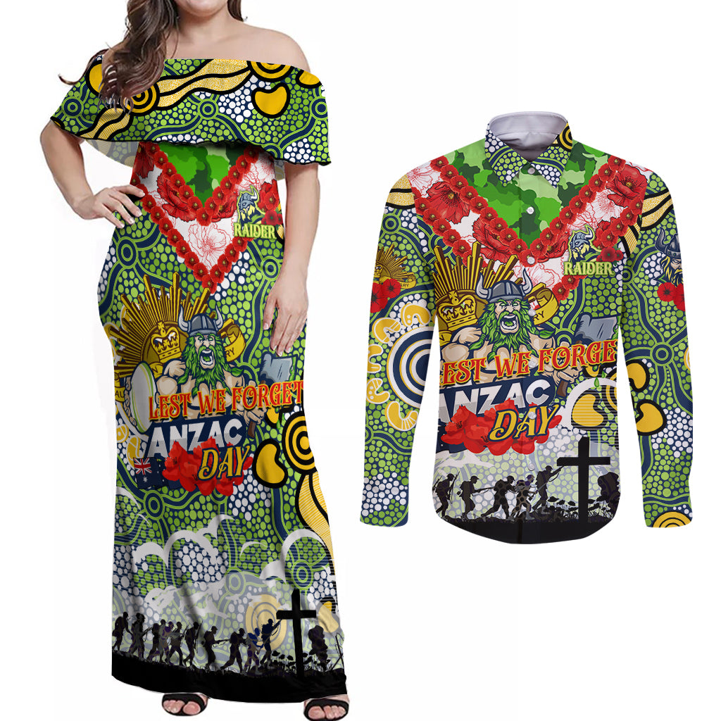 Personalised Raiders ANZAC Day Couples Matching Off Shoulder Maxi Dress and Long Sleeve Button Shirt Aboriginal Rising Sun