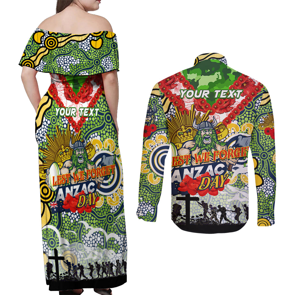 Personalised Raiders ANZAC Day Couples Matching Off Shoulder Maxi Dress and Long Sleeve Button Shirt Aboriginal Rising Sun