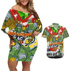 Personalised Raiders ANZAC Day Couples Matching Off Shoulder Short Dress and Hawaiian Shirt Aboriginal Rising Sun