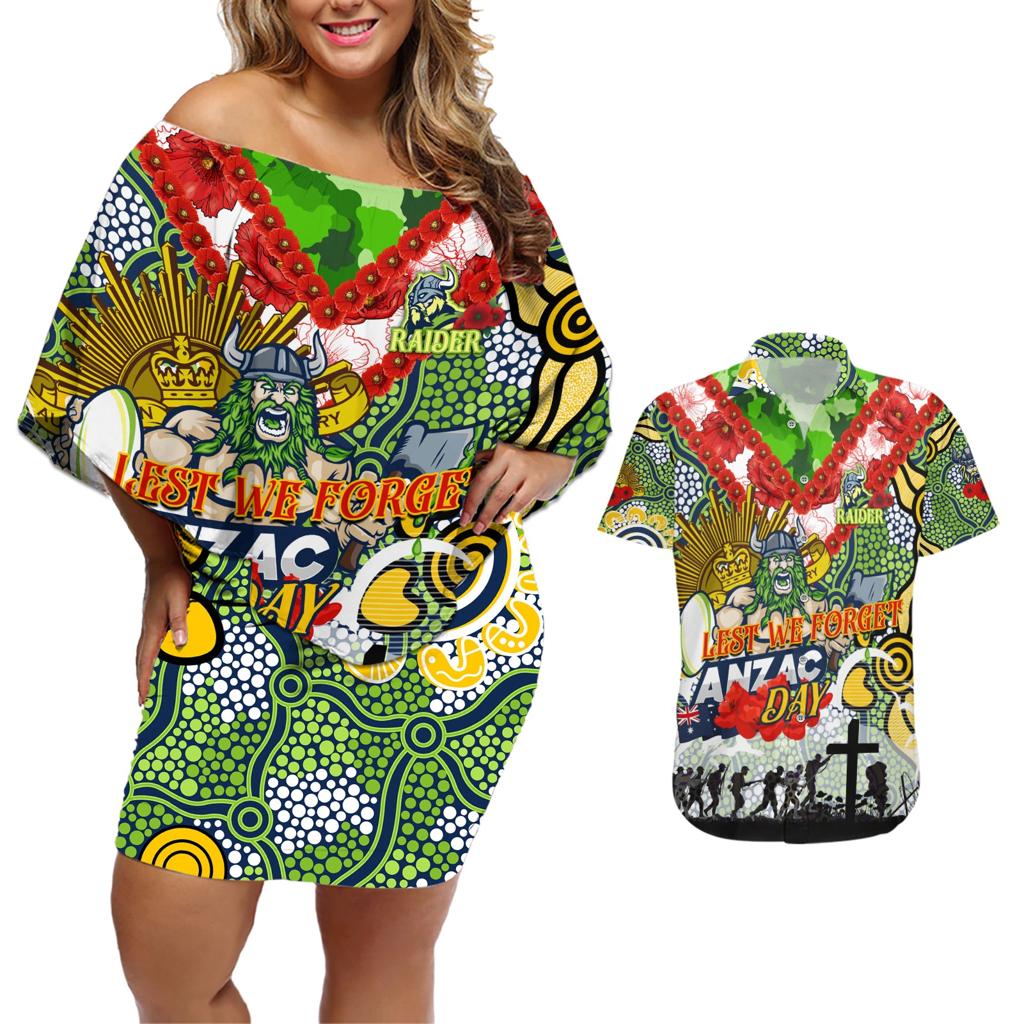Personalised Raiders ANZAC Day Couples Matching Off Shoulder Short Dress and Hawaiian Shirt Aboriginal Rising Sun