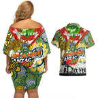 Personalised Raiders ANZAC Day Couples Matching Off Shoulder Short Dress and Hawaiian Shirt Aboriginal Rising Sun