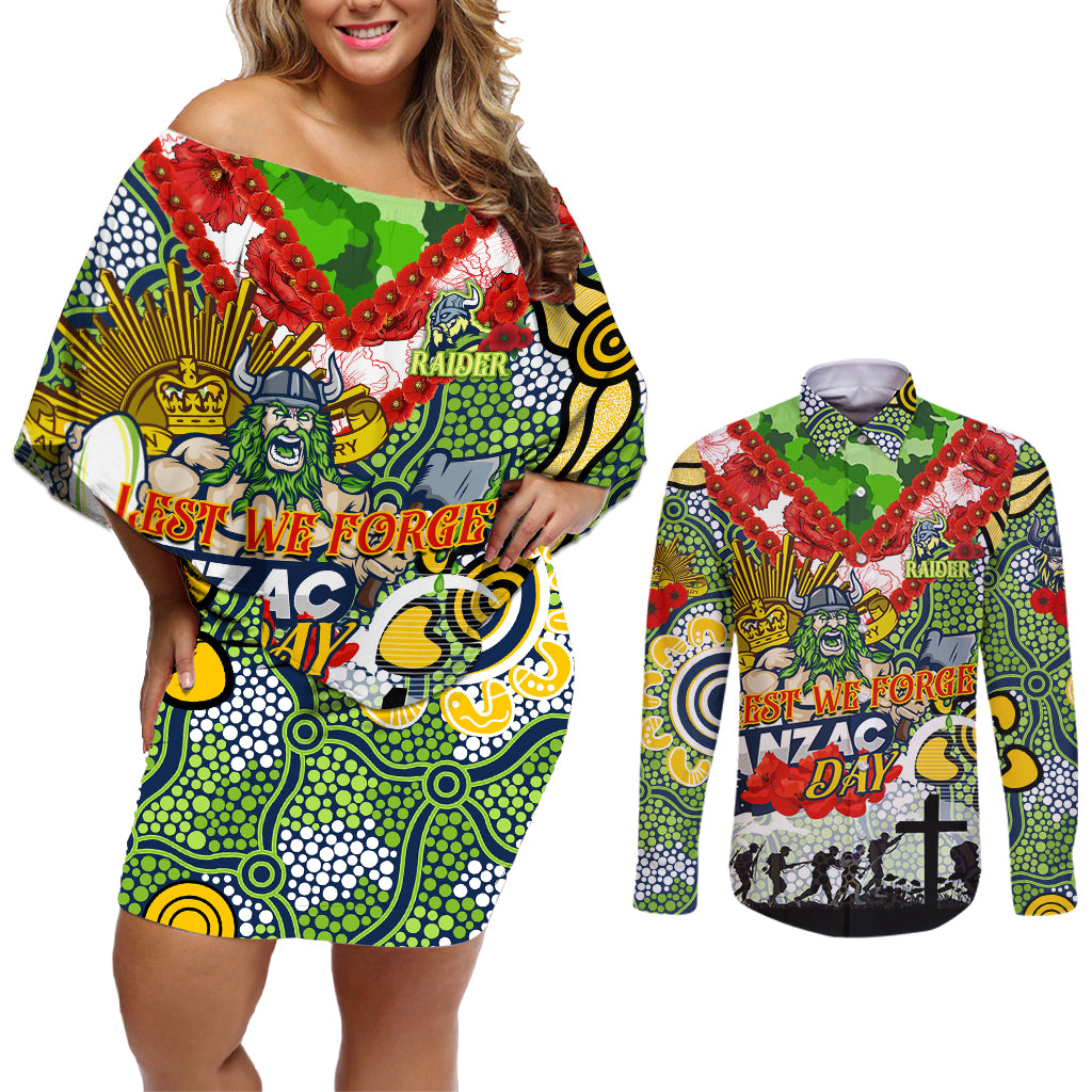 Personalised Raiders ANZAC Day Couples Matching Off Shoulder Short Dress and Long Sleeve Button Shirt Aboriginal Rising Sun