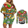 Personalised Raiders ANZAC Day Couples Matching Off Shoulder Short Dress and Long Sleeve Button Shirt Aboriginal Rising Sun