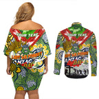 Personalised Raiders ANZAC Day Couples Matching Off Shoulder Short Dress and Long Sleeve Button Shirt Aboriginal Rising Sun