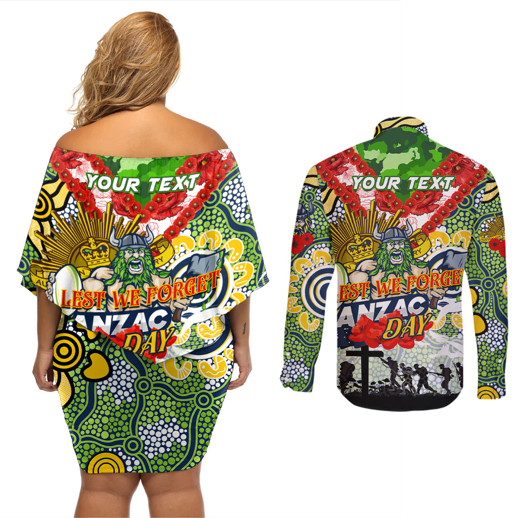 Personalised Raiders ANZAC Day Couples Matching Off Shoulder Short Dress and Long Sleeve Button Shirt Aboriginal Rising Sun