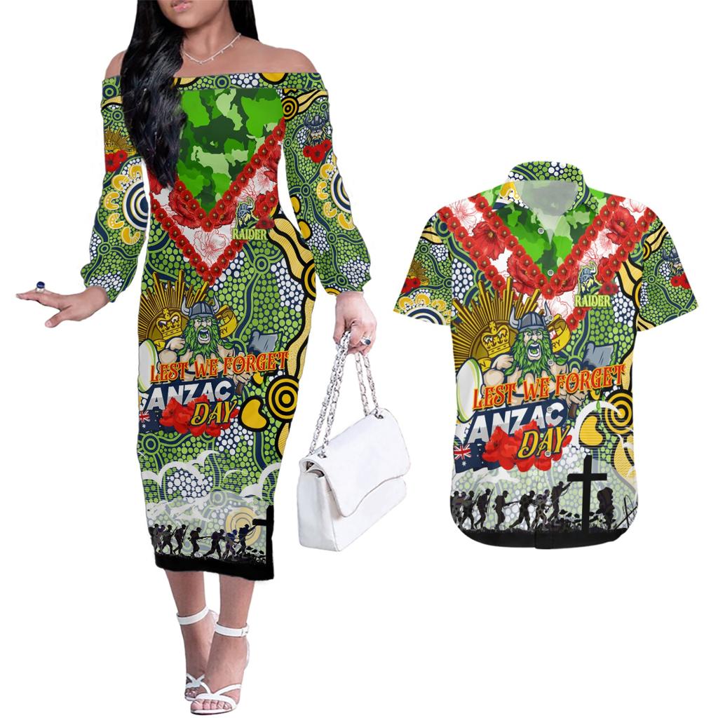 Personalised Raiders ANZAC Day Couples Matching Off The Shoulder Long Sleeve Dress and Hawaiian Shirt Aboriginal Rising Sun
