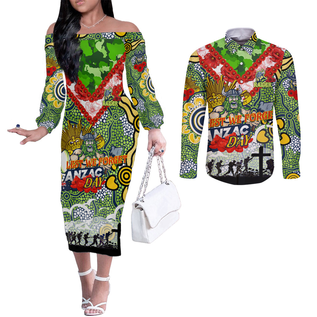 Personalised Raiders ANZAC Day Couples Matching Off The Shoulder Long Sleeve Dress and Long Sleeve Button Shirt Aboriginal Rising Sun