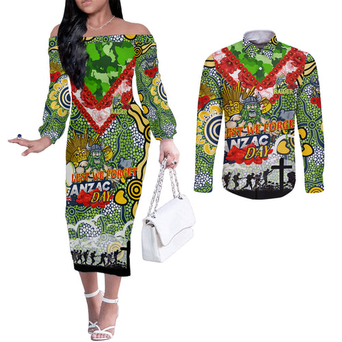 Personalised Raiders ANZAC Day Couples Matching Off The Shoulder Long Sleeve Dress and Long Sleeve Button Shirt Aboriginal Rising Sun