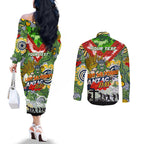 Personalised Raiders ANZAC Day Couples Matching Off The Shoulder Long Sleeve Dress and Long Sleeve Button Shirt Aboriginal Rising Sun