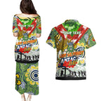 Personalised Raiders ANZAC Day Couples Matching Puletasi and Hawaiian Shirt Aboriginal Rising Sun