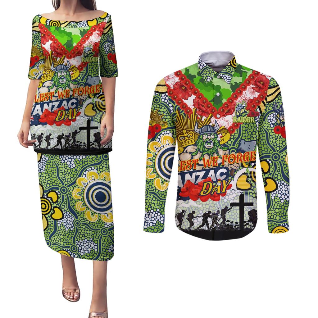 Personalised Raiders ANZAC Day Couples Matching Puletasi and Long Sleeve Button Shirt Aboriginal Rising Sun