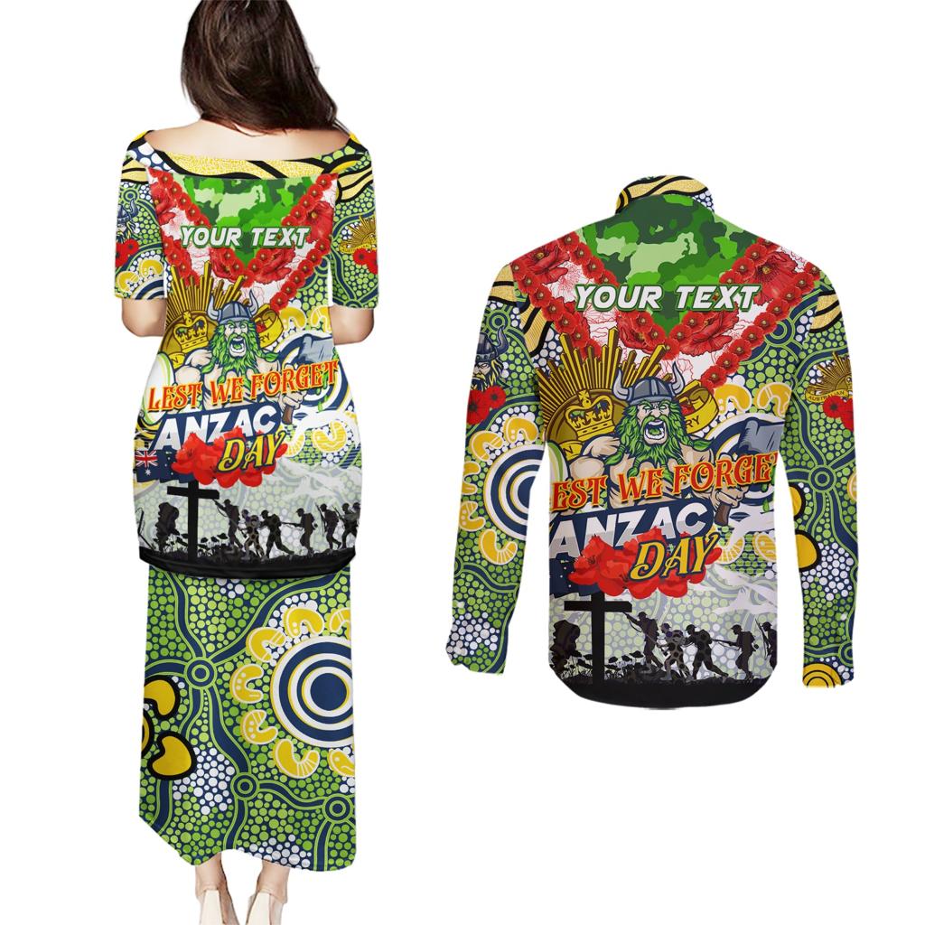 Personalised Raiders ANZAC Day Couples Matching Puletasi and Long Sleeve Button Shirt Aboriginal Rising Sun