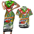 Personalised Raiders ANZAC Day Couples Matching Short Sleeve Bodycon Dress and Hawaiian Shirt Aboriginal Rising Sun