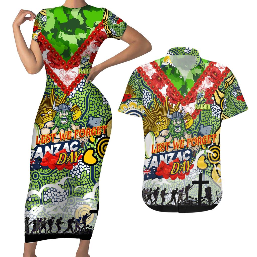 Personalised Raiders ANZAC Day Couples Matching Short Sleeve Bodycon Dress and Hawaiian Shirt Aboriginal Rising Sun