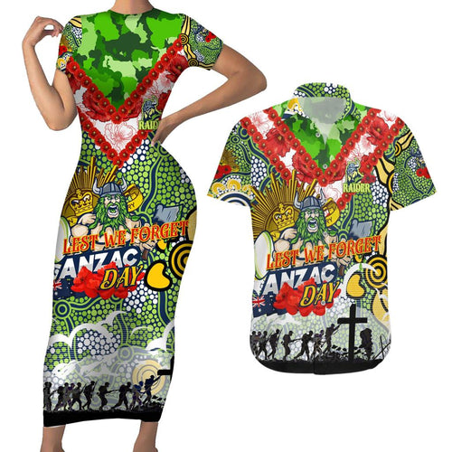 Personalised Raiders ANZAC Day Couples Matching Short Sleeve Bodycon Dress and Hawaiian Shirt Aboriginal Rising Sun