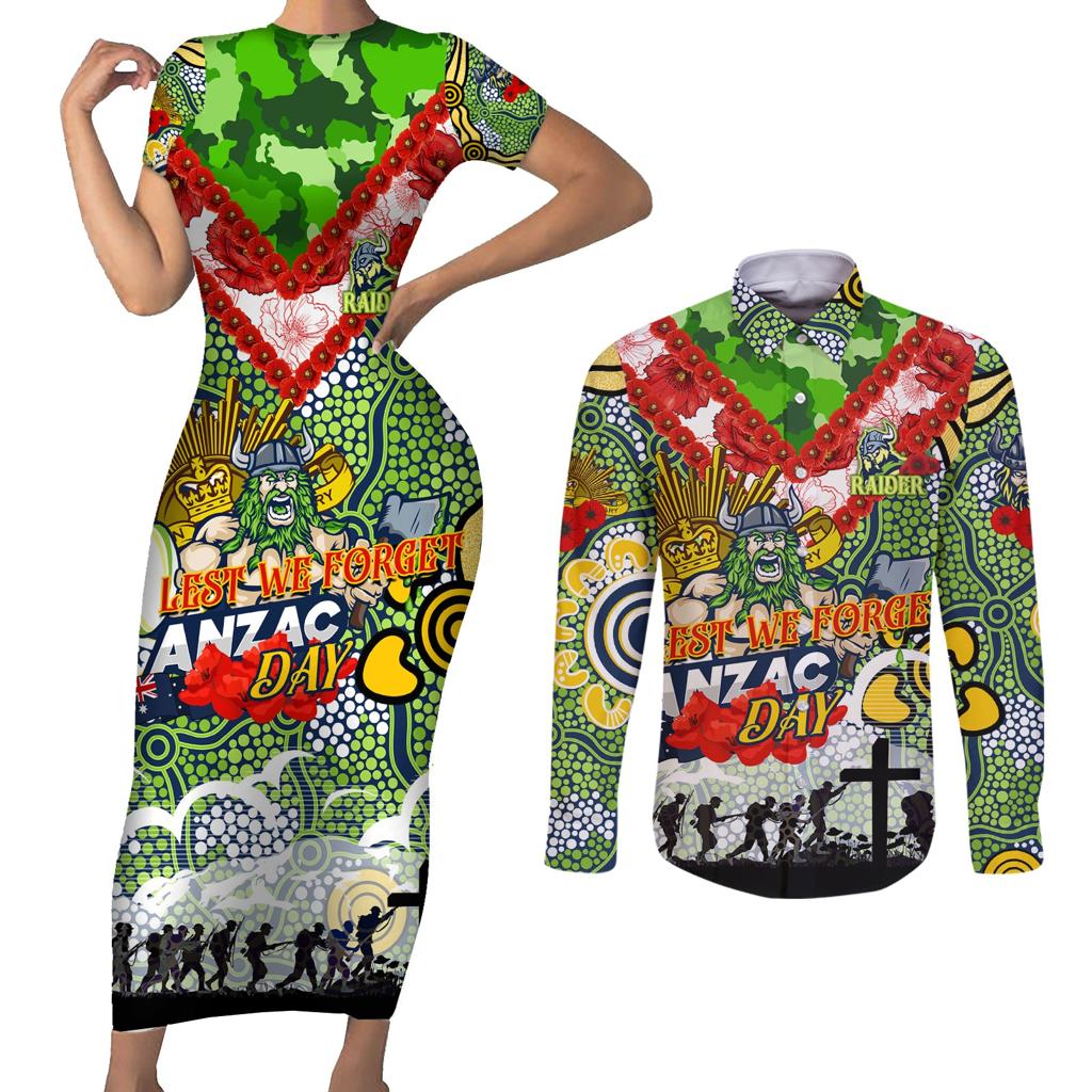 Personalised Raiders ANZAC Day Couples Matching Short Sleeve Bodycon Dress and Long Sleeve Button Shirt Aboriginal Rising Sun