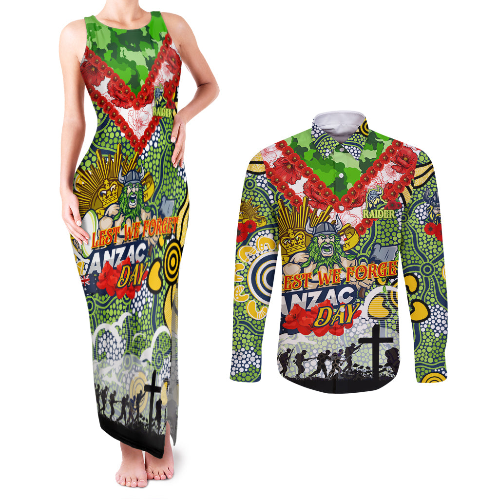 Personalised Raiders ANZAC Day Couples Matching Tank Maxi Dress and Long Sleeve Button Shirt Aboriginal Rising Sun