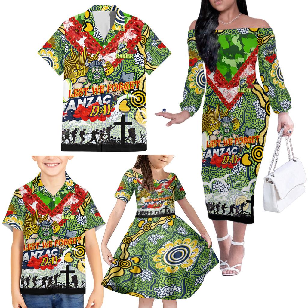 Personalised Raiders ANZAC Day Family Matching Off The Shoulder Long Sleeve Dress and Hawaiian Shirt Aboriginal Rising Sun