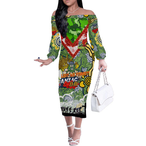 Personalised Raiders ANZAC Day Family Matching Off The Shoulder Long Sleeve Dress and Hawaiian Shirt Aboriginal Rising Sun