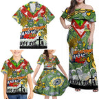 Personalised Raiders ANZAC Day Family Matching Off Shoulder Maxi Dress and Hawaiian Shirt Aboriginal Rising Sun