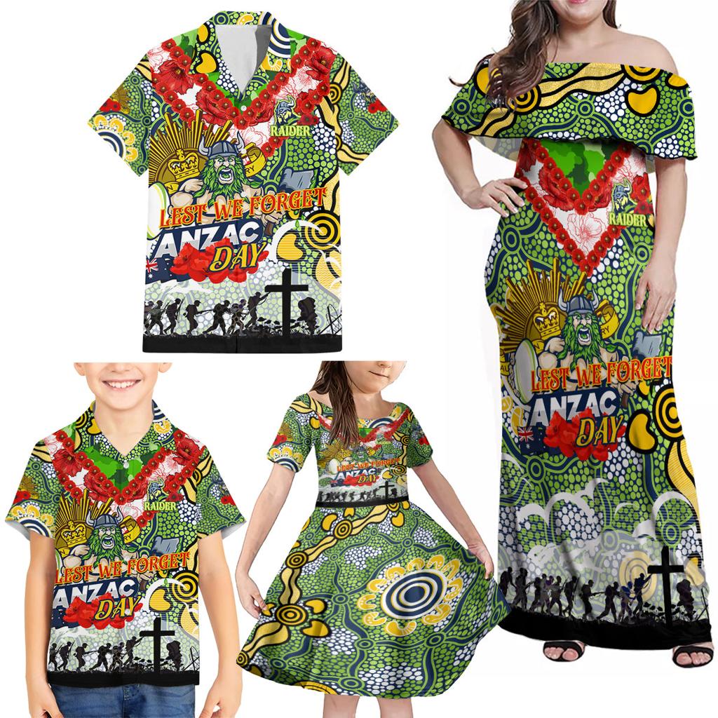 Personalised Raiders ANZAC Day Family Matching Off Shoulder Maxi Dress and Hawaiian Shirt Aboriginal Rising Sun
