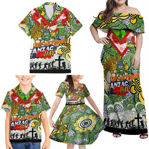 Personalised Raiders ANZAC Day Family Matching Off Shoulder Maxi Dress and Hawaiian Shirt Aboriginal Rising Sun