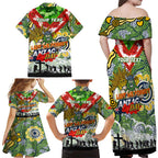 Personalised Raiders ANZAC Day Family Matching Off Shoulder Maxi Dress and Hawaiian Shirt Aboriginal Rising Sun