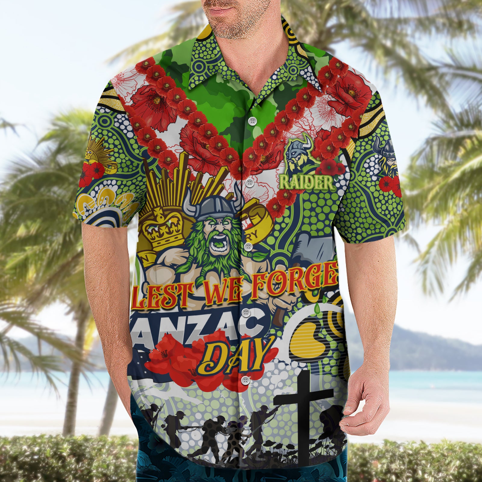 Personalised Raiders ANZAC Day Hawaiian Shirt Aboriginal Rising Sun
