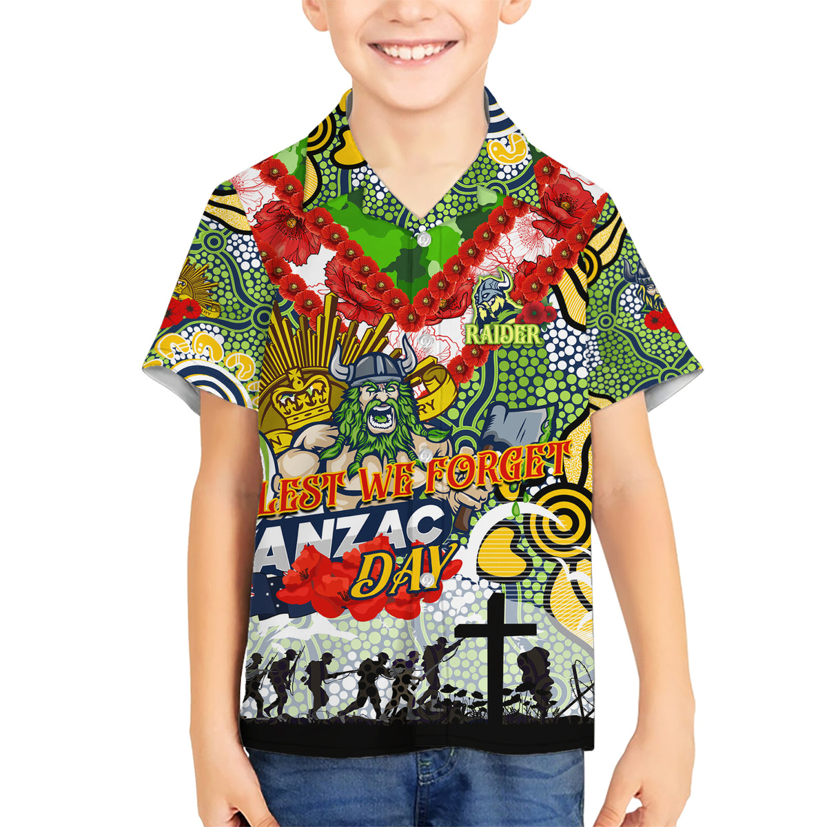 Personalised Raiders ANZAC Day Kid Hawaiian Shirt Aboriginal Rising Sun