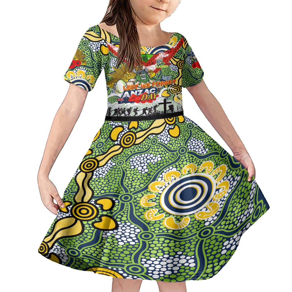 Personalised Raiders ANZAC Day Kid Short Sleeve Dress Aboriginal Rising Sun