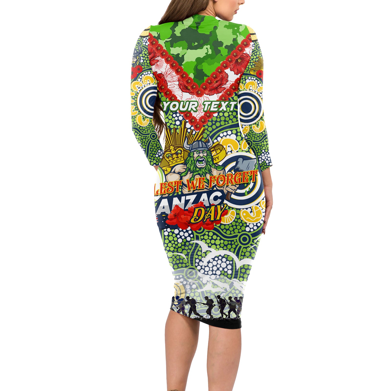 Personalised Raiders ANZAC Day Long Sleeve Bodycon Dress Aboriginal Rising Sun