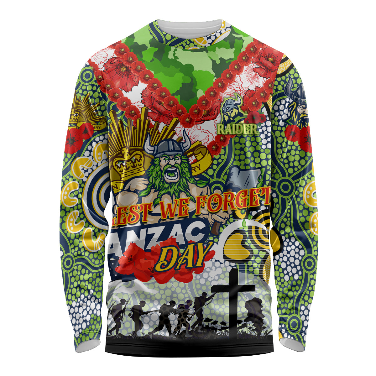Personalised Raiders ANZAC Day Long Sleeve Shirt Aboriginal Rising Sun