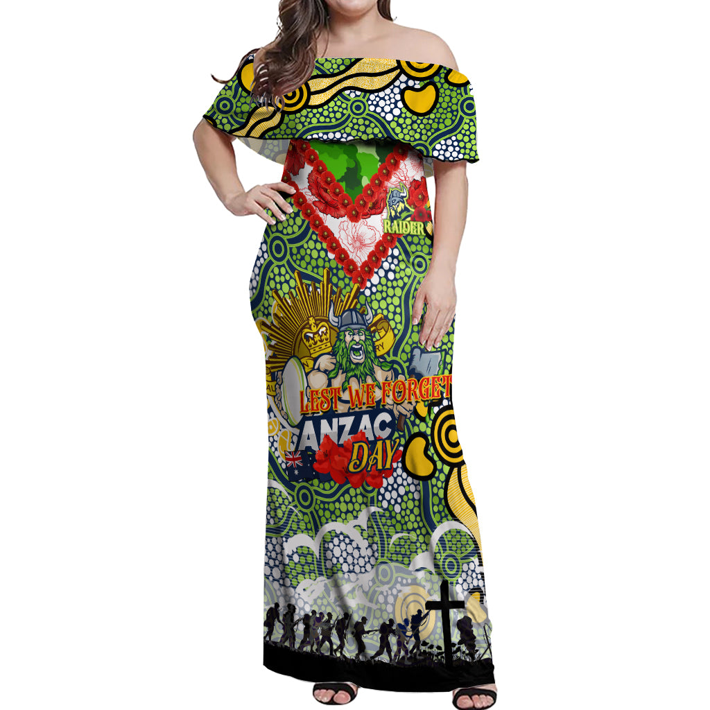 Personalised Raiders ANZAC Day Off Shoulder Maxi Dress Aboriginal Rising Sun