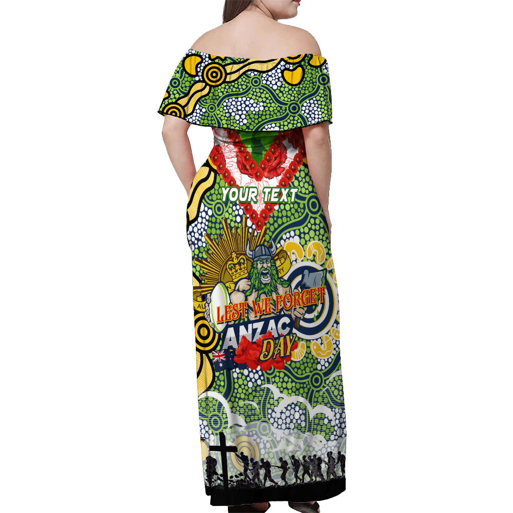 Personalised Raiders ANZAC Day Off Shoulder Maxi Dress Aboriginal Rising Sun