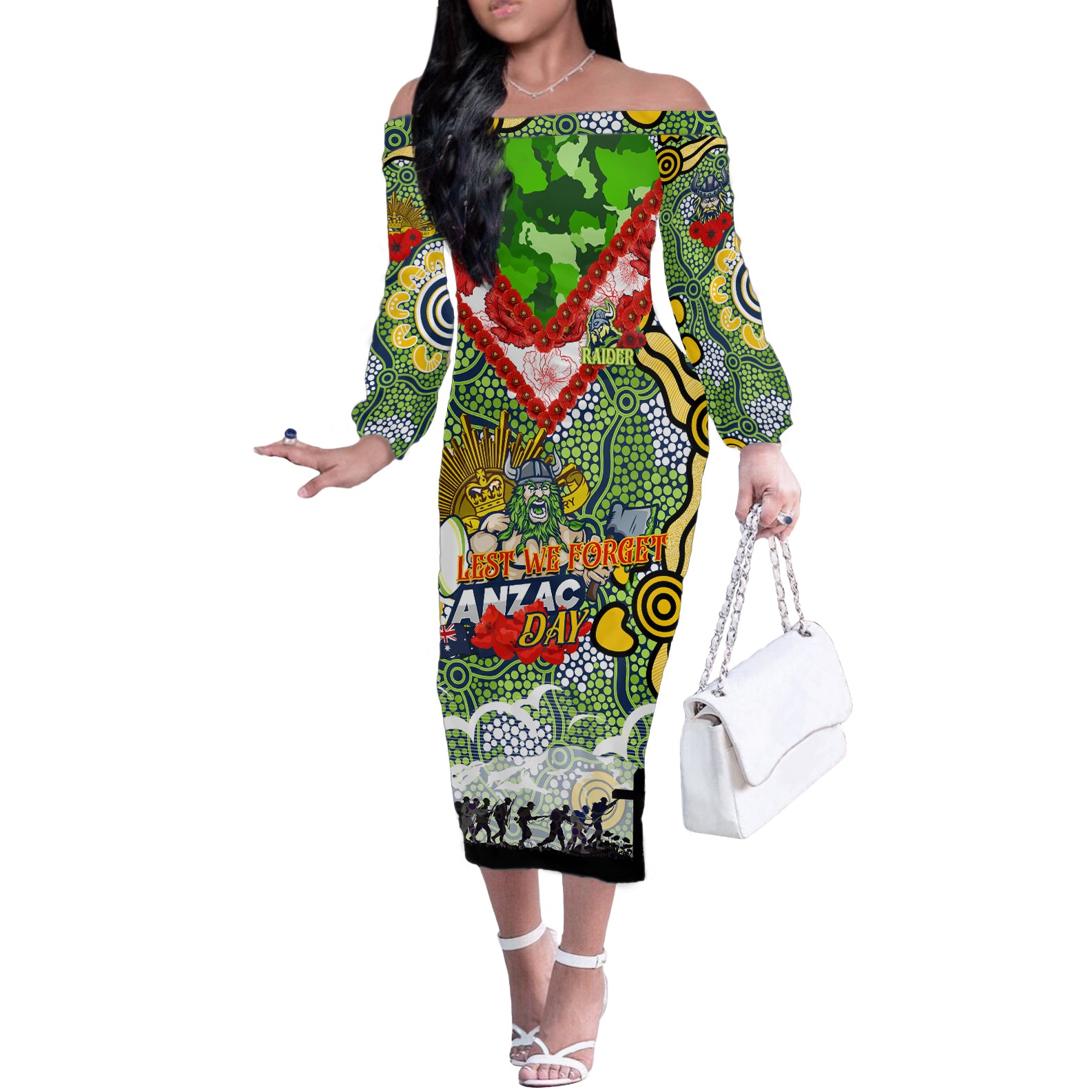 Personalised Raiders ANZAC Day Off The Shoulder Long Sleeve Dress Aboriginal Rising Sun
