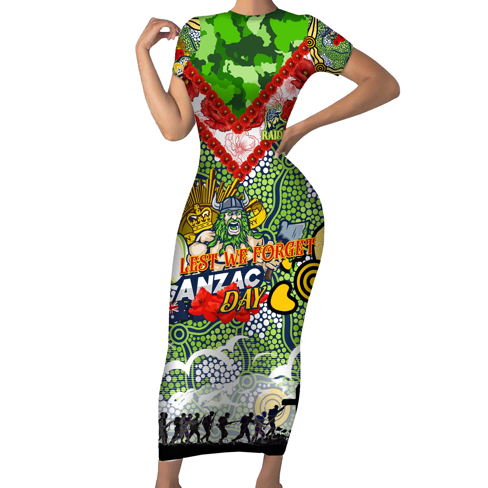 Personalised Raiders ANZAC Day Short Sleeve Bodycon Dress Aboriginal Rising Sun