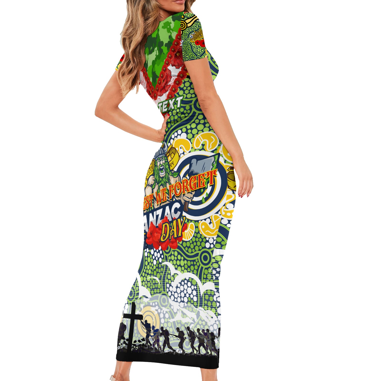 Personalised Raiders ANZAC Day Short Sleeve Bodycon Dress Aboriginal Rising Sun
