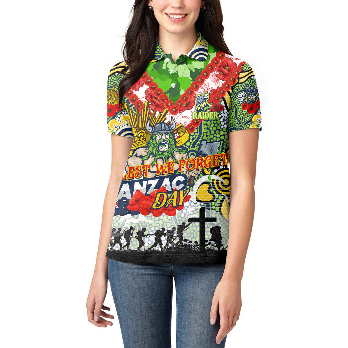 Personalised Raiders ANZAC Day Women Polo Shirt Aboriginal Rising Sun