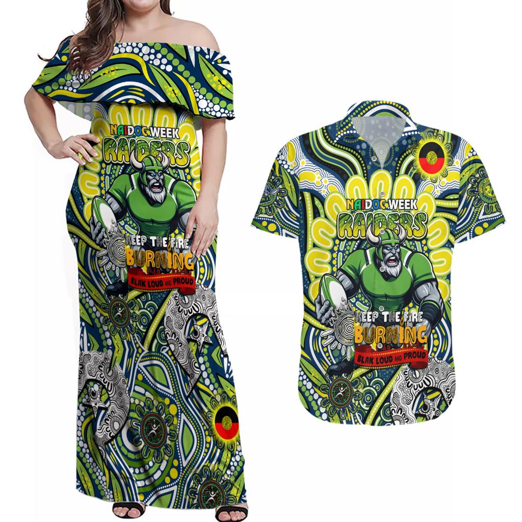 Custom NAIDOC Week 2024 Raiders Couples Matching Off Shoulder Maxi Dress and Hawaiian Shirt Mascot Rugby DT02