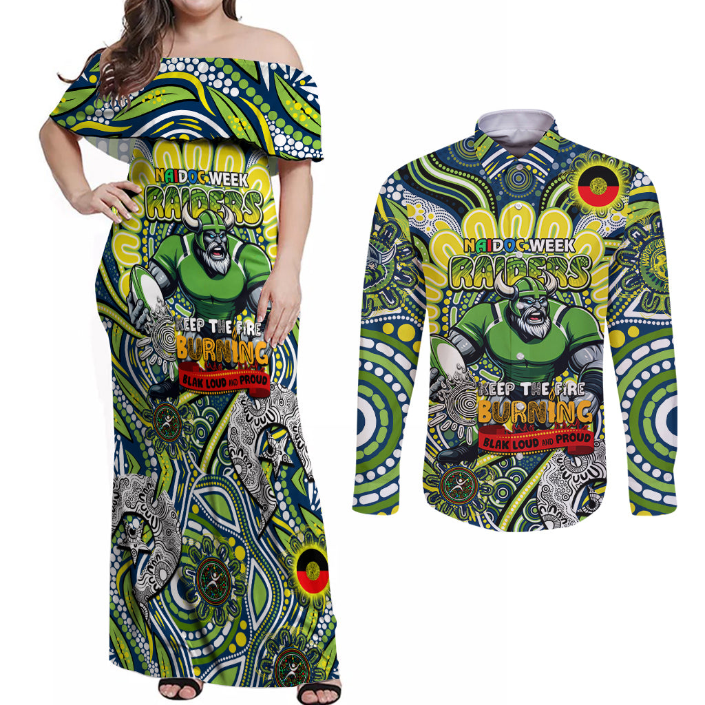 Custom NAIDOC Week 2024 Raiders Couples Matching Off Shoulder Maxi Dress and Long Sleeve Button Shirt Mascot Rugby DT02