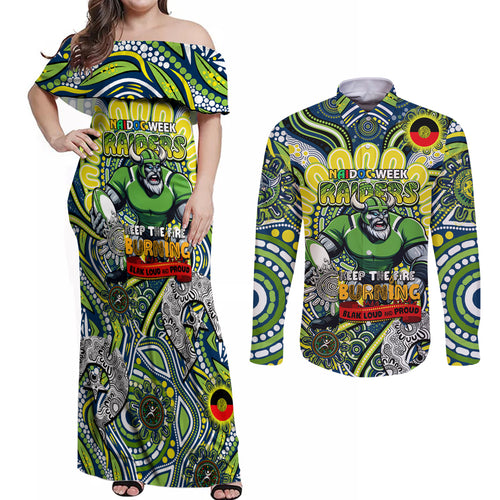 Custom NAIDOC Week 2024 Raiders Couples Matching Off Shoulder Maxi Dress and Long Sleeve Button Shirt Mascot Rugby DT02