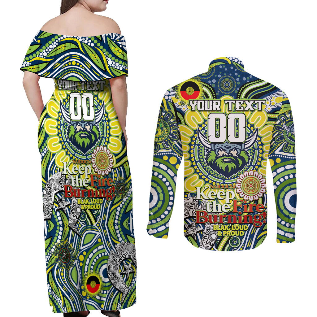Custom NAIDOC Week 2024 Raiders Couples Matching Off Shoulder Maxi Dress and Long Sleeve Button Shirt Mascot Rugby DT02