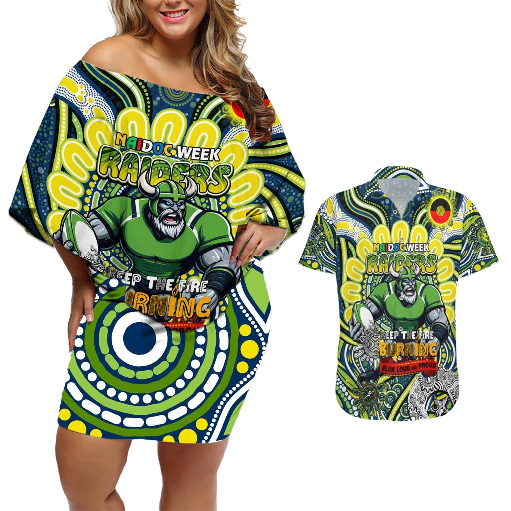 Custom NAIDOC Week 2024 Raiders Couples Matching Off Shoulder Short Dress and Hawaiian Shirt Mascot Rugby DT02